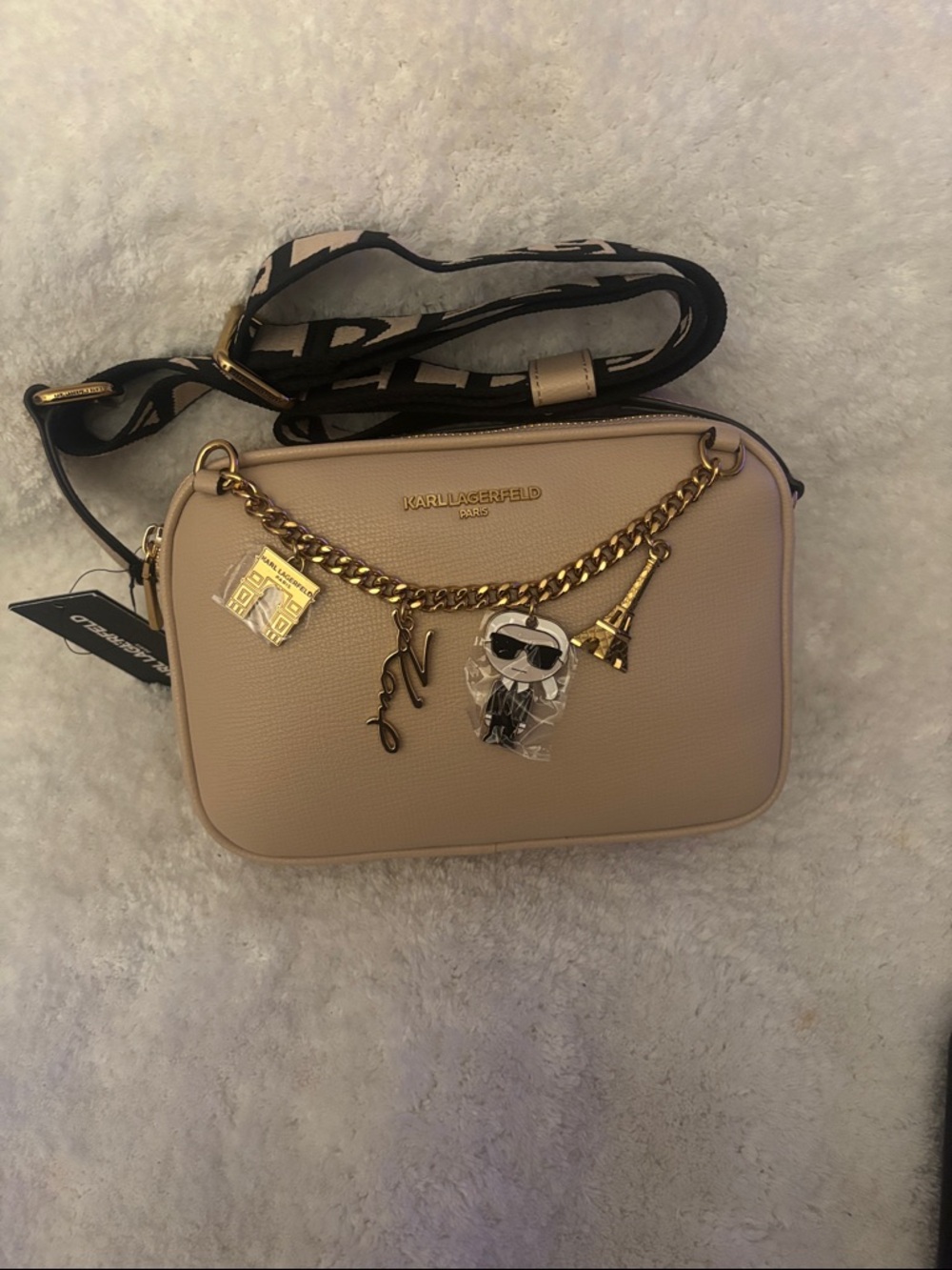 Karl Lagerfeld Beige Crossbody Bag with Gold Charm Chain